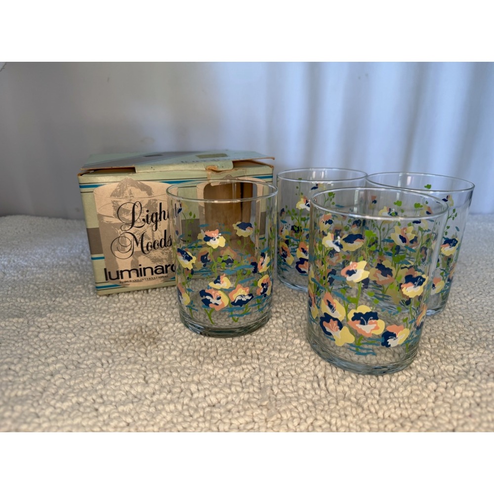 Vintage Luminarc Light Moods Floral Double Rocks Glasses 15oz Set of 4 USA Made